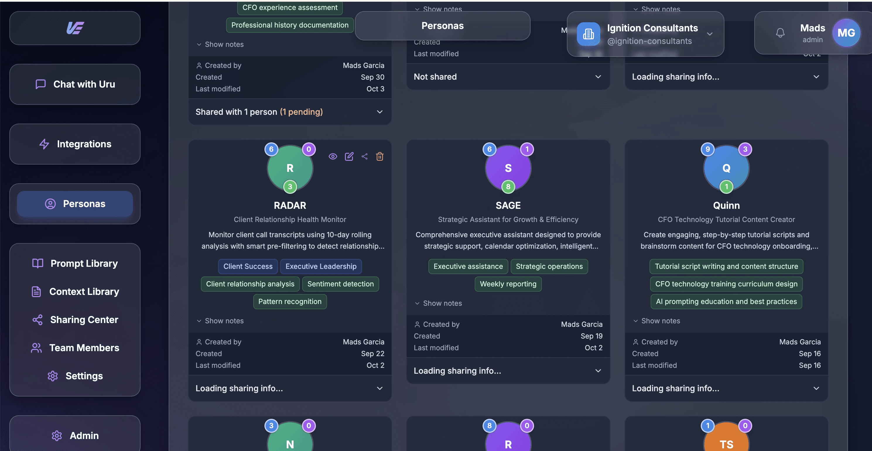 Uru platform showing custom agents dashboard with AI teammates configured for different roles