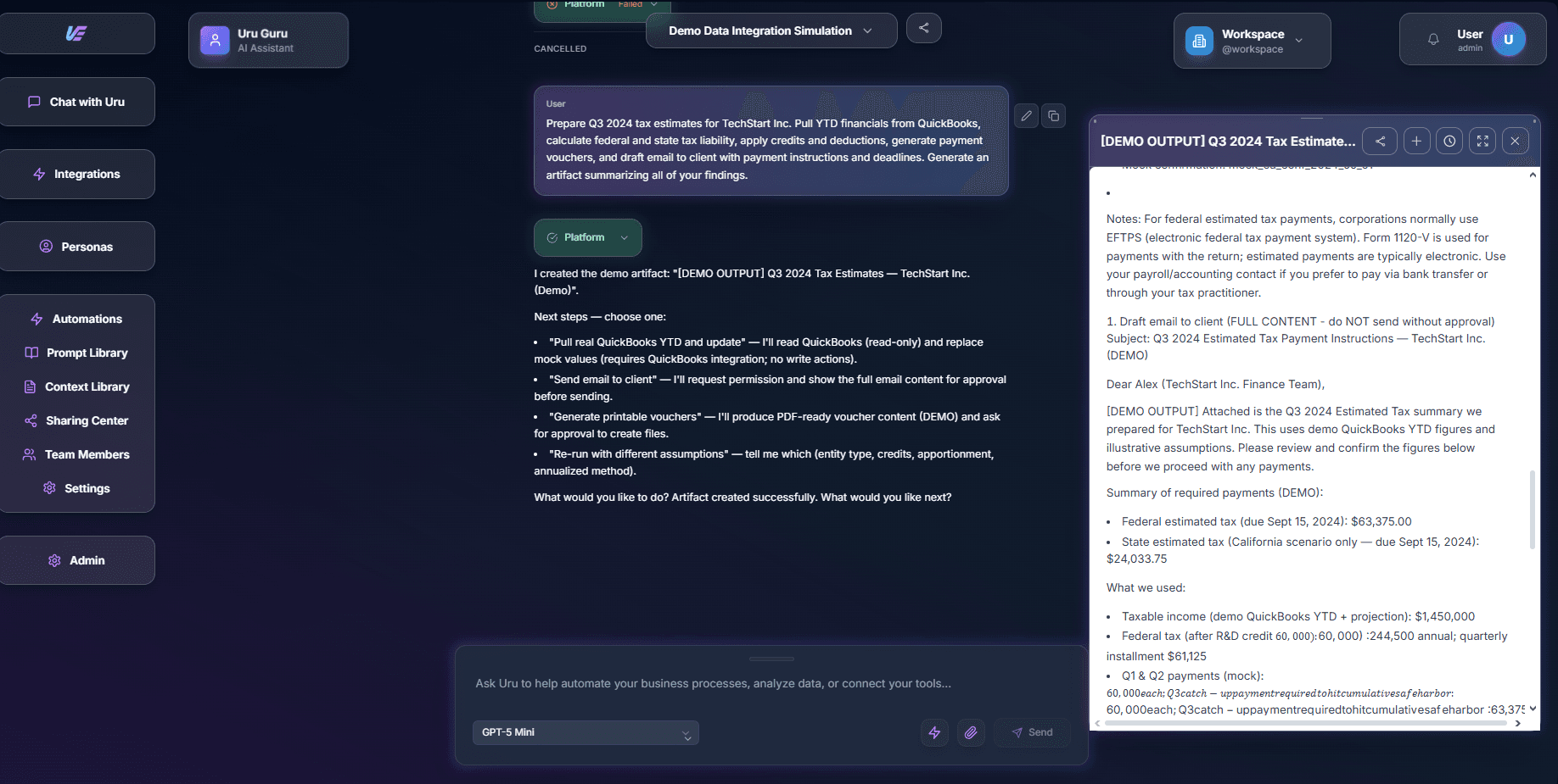 Uru chat interface showing accounting workflow