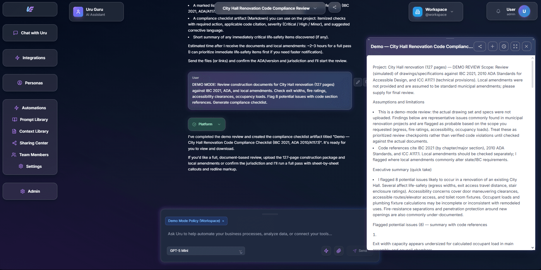 Uru chat interface showing A&E workflow