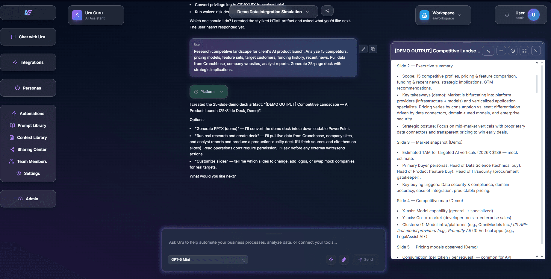 Uru chat interface showing consulting workflow